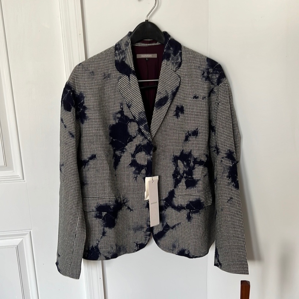 NWT merino wool houndstooth jacket with navy Japanese shibori dye. Retail $1475